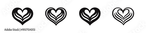 Hand-drawn vector set of stylized heart icons with wavy internal lines, black and white.