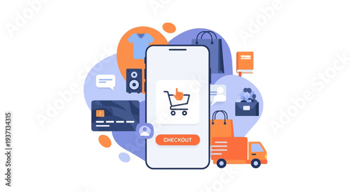 Mobile E-commerce Shopping App Concept: Seamless Online Checkout, Digital Payments, and Delivery Services via Smartphone. Modern Marketplace Illustration.