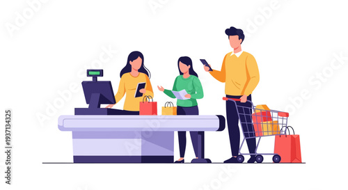 Supermarket Checkout with Cashier and Customers Paying, Shopping Cart & Bags, Retail Transaction Process Vector Illustration