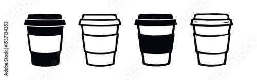 Hand-drawn vector set of reusable coffee cups with sleeves and lids, black and white.