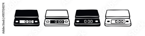 Hand-drawn vector set of digital kitchen scales in black and white styles.