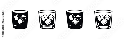 Glasses with ice cubes icon set, representing refreshing cold drinks.