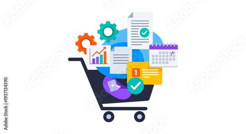 Business Operations Management: Shopping Cart with Project Planning, Data Analysis, Task Management & Scheduling Icons
