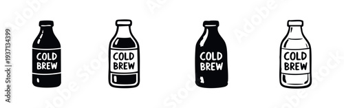 Cold brew coffee bottles icon set, depicting a variety of chilled coffee drink designs.