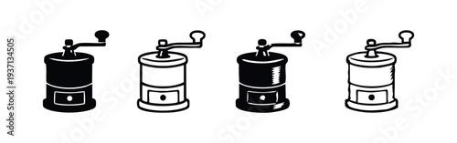 Set of Manual Coffee Grinder Icons. Hand Mill Silhouettes and Outlined Symbols for Fresh Coffee Preparation.