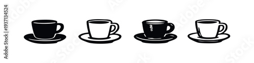 Set of Coffee Cup Icons. Espresso Mugs with Saucers Silhouettes and Outlined Symbols for Hot Beverages.