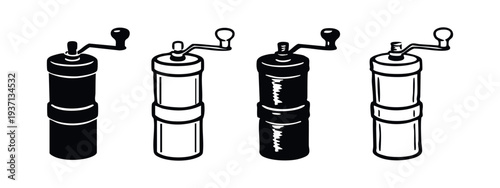 Set of Tall Manual Coffee Grinder Icons. Hand Mill Silhouettes and Outlined Symbols for Fresh Coffee.