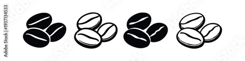 Set of Coffee Beans Icons. Roasted Bean Silhouettes and Outlined Symbols in Groups for Coffee Designs.
