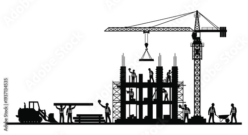 A black silhouette depicts a construction site with a crane building and workers high quality professional