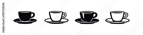 Coffee Cup and Saucer Icon Set. Espresso Mug Symbols for Hot Beverages.