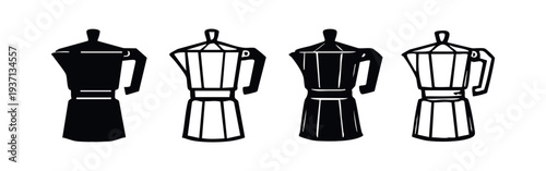 Set of Moka Pot Icons. Stovetop Espresso Maker Silhouettes and Outlined Symbols for Coffee Brewing.