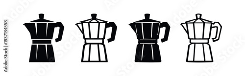 Moka Pot Coffee Maker Icon Set. Italian Espresso Stovetop Percolator Symbols.