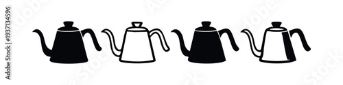 Pour Over Coffee Kettle Icon Set. Gooseneck Spout Brewing Pot Symbols.