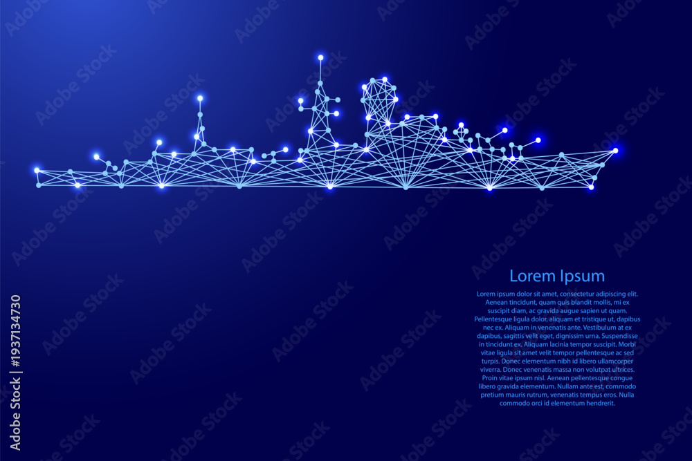 Obraz premium warship cruiser silhouette from futuristic polygonal blue lines and glowing stars for banner, poster, greeting card