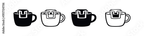 Drip Coffee Filter Bag in Mug Icon Set. Easy Brew Coffee Vector Silhouette and Outline Collection.