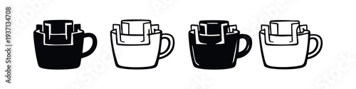 Drip Coffee Bag in Mug Icon Set. Portable Coffee Brewing Vector Silhouette and Outline Collection.