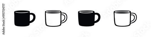 Ceramic Coffee Mug Icon Set. Everyday Drinking Cup Vector Silhouette and Outline Collection.