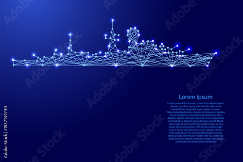 warship cruiser silhouette from futuristic polygonal blue lines and glowing stars for banner, poster, greeting card