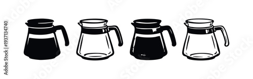 Glass Coffee Pot or Carafe Icon Set. Drip Coffee Server Vector Silhouette and Outline Collection.