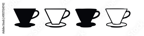 Pour Over Coffee Dripper Icons Set. Hand Drawn Conical Coffee Filter Holder Silhouettes and Outlines.