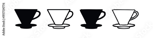 Pour Over Coffee Dripper with Handle Icons. Hand Drawn Brewing Device Silhouettes and Outlines.
