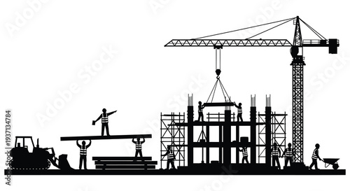 Construction site silhouette depicting workers cranes scaffolding and a building under construction high quality professional detailed