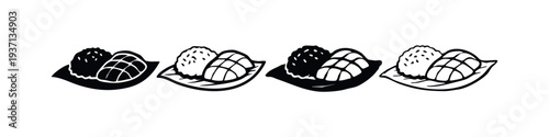 Mango Sticky Rice Dessert Icon Set. Thai Sweet Treat Glyph and Outline Vector Illustrations.