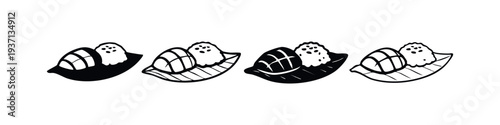 Onigiri Rice Ball Icons. Japanese food vector illustration featuring traditional rice snacks served on a leaf.