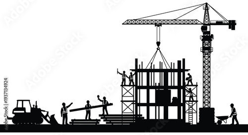 Construction site silhouette featuring a towering crane workers and a building under development high quality professional