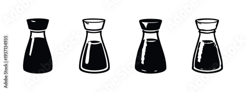 Asian Sauce Bottle Icon Set. Soy Sauce Dispenser Glyph and Outline Vector Illustrations for Cooking.
