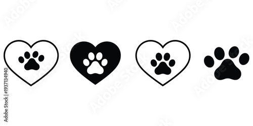 Heart and Paw Print Icons in Black and White with Outline and Solid Fill animal love