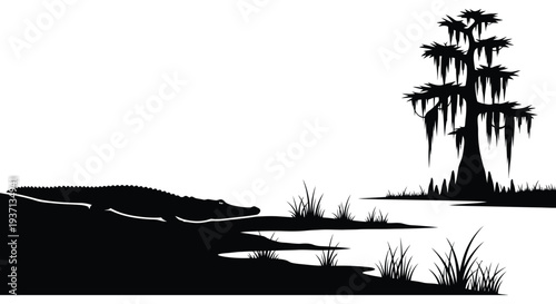 A black silhouette depicts a tranquil swamp scene featuring an alligator and cypress tree high quality