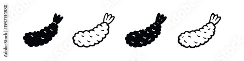 Tempura Shrimp Icon Set. Japanese Fried Seafood Ebi Fry Glyph and Outline Vector Illustrations.