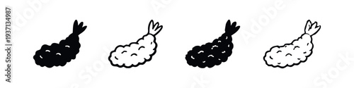 Crispy Tempura Shrimp Icon Set. Japanese Fried Prawns Glyph and Outline Vector Illustrations for Asian Menu.