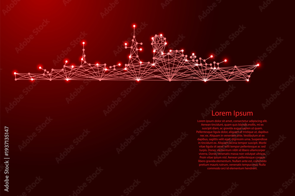 Naklejka premium warship cruiser silhouette from futuristic polygonal red lines and glowing stars for banner, poster, greeting card