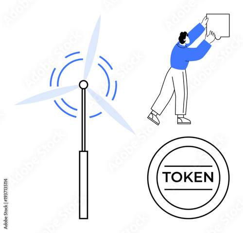 Renewable energy concept. Wind turbine combined with blockchain token highlights clean energy technology synergies. Renewable energy powering innovation and eco-friendly initiatives