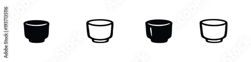 Japanese Sake Cup Icon Set, Traditional Guinomi or Ochoko Drinkware Vector, Asian Alcohol Glass in Black and White