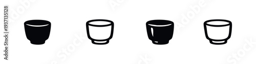 Japanese Sake Cup Icon Set, Traditional Guinomi or Ochoko Drinkware Vector, Asian Alcohol Glass in Black and White