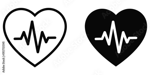 Heartbeat cardiogram icons in outline and solid black on white pulse medical