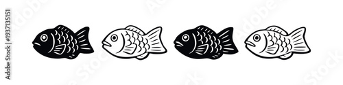 Taiyaki fish-shaped cake icon set. Japanese street food dessert symbols in black and white.