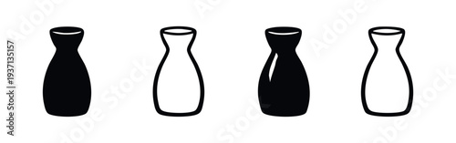 Japanese Sake Bottle Icon Set, Traditional Tokkuri Drinkware Vector, Asian Alcohol Container in Black and White