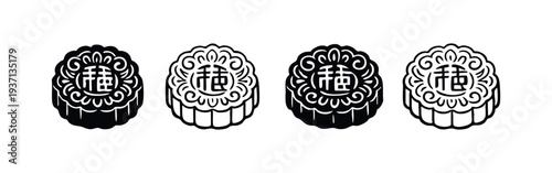 Mooncake icon set with Chinese character 'Fu'. Mid-Autumn Festival traditional dessert symbols.
