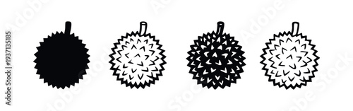 Durian fruit icon variations set. Detailed tropical spiky fruit symbols for design.