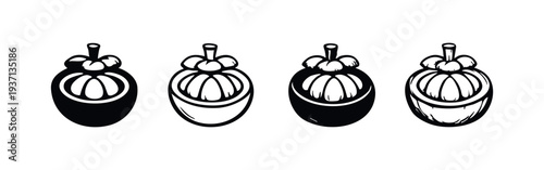 Mangosteen fruit icon set. Tropical 'Queen of Fruits' symbols, whole and half-cut.