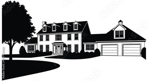 A black and white illustration depicts a large classic american suburban house with a driveway