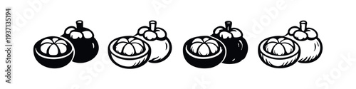 Mangosteen fruit icon set with cut half. Tropical sweet fruit symbols showing flesh.