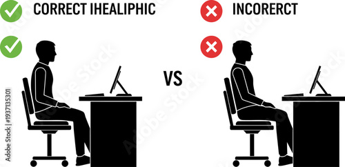 Correct sitting posture at desk with computer monitor compared to incorrect slouching  office ergonomics and healthy lifestyle