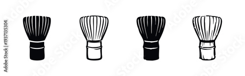 Matcha Whisk Icon Set. Chasen Traditional Tea Tool Symbols for Japanese Ceremony in Glyph and Outline Style.
