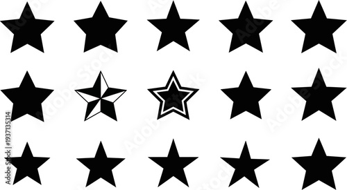 Collection of various star shapes and designs on white background
