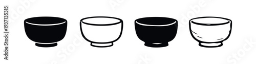 Japanese Tea Bowls Icon Set. Chawan Vector Symbols for Traditional Matcha Ceremony in Glyph and Outline Style.